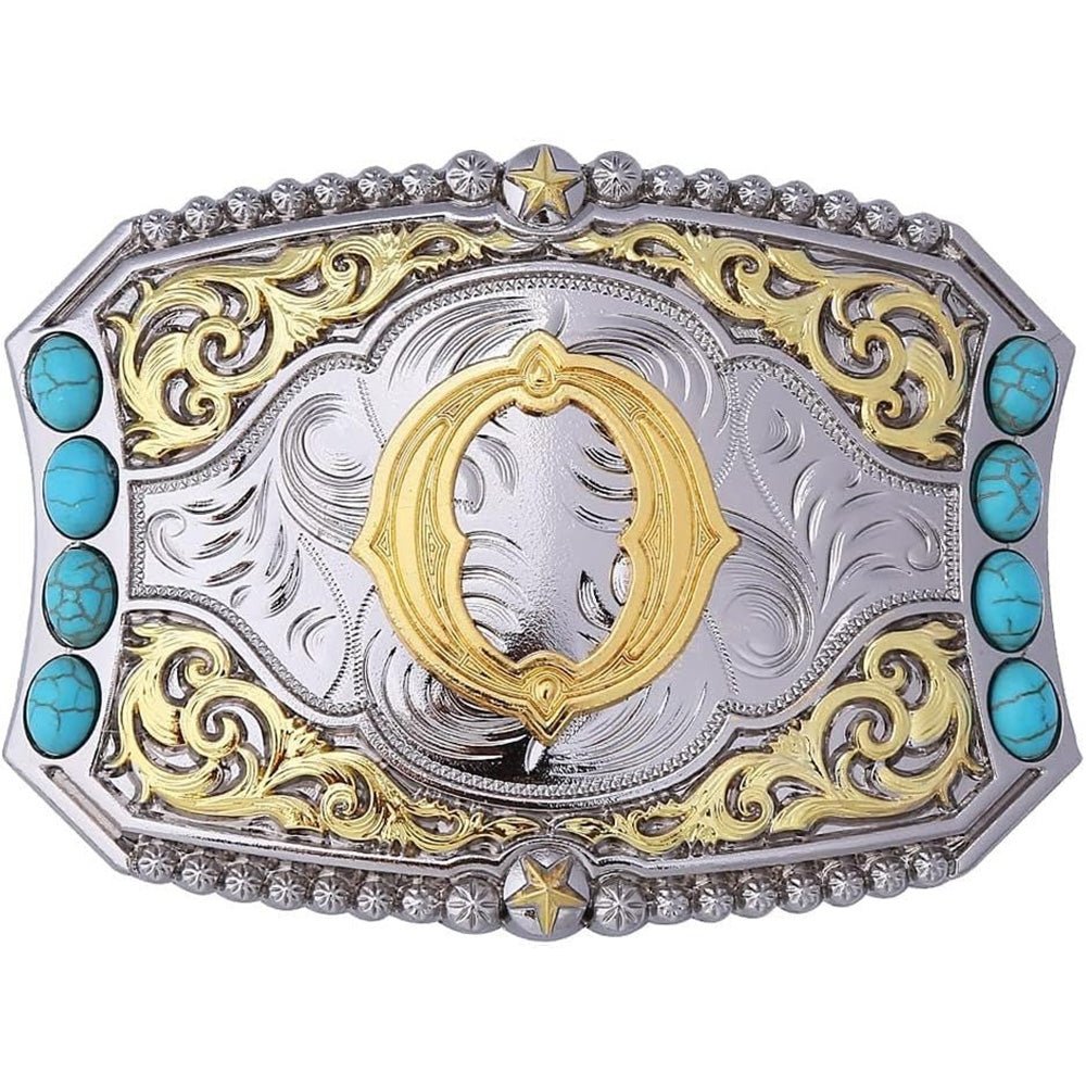 Western Initial Belt Buckle with Turquoise and Gold Silver Engraving - CowderryBelt BucklesO