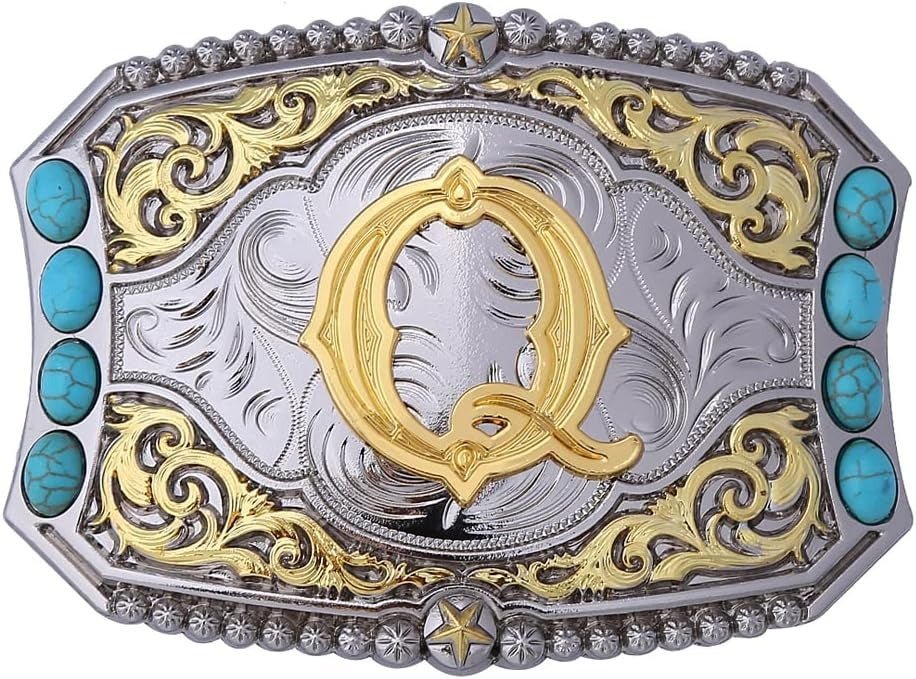 Western Initial Belt Buckle with Turquoise and Gold Silver Engraving - CowderryBelt BucklesQ