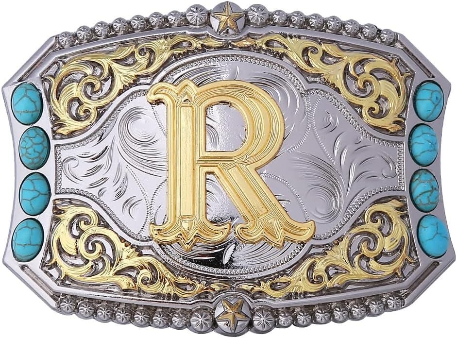 Western Initial Belt Buckle with Turquoise and Gold Silver Engraving - CowderryBelt BucklesR
