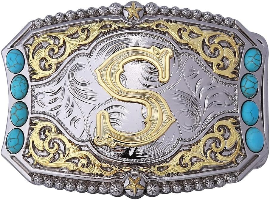 Western Initial Belt Buckle with Turquoise and Gold Silver Engraving - CowderryBelt BucklesS