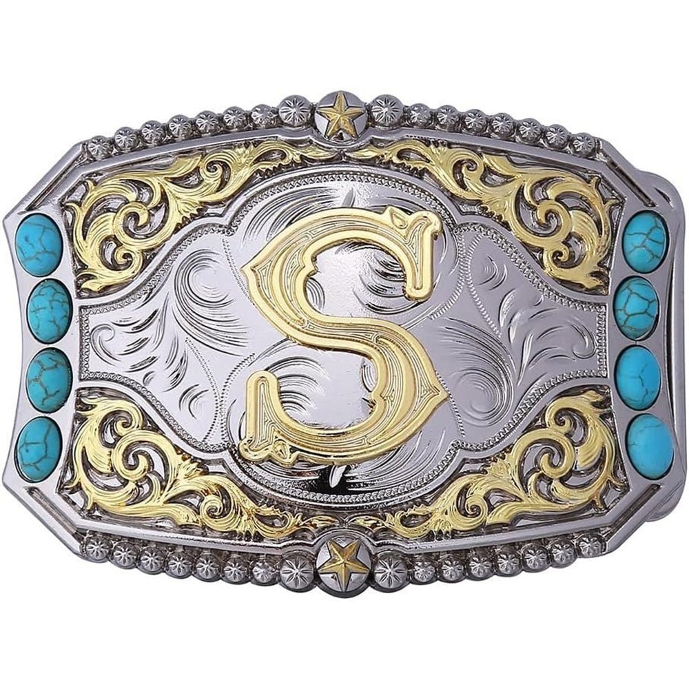 Western Initial Belt Buckle with Turquoise and Gold Silver Engraving - CowderryBelt BucklesS