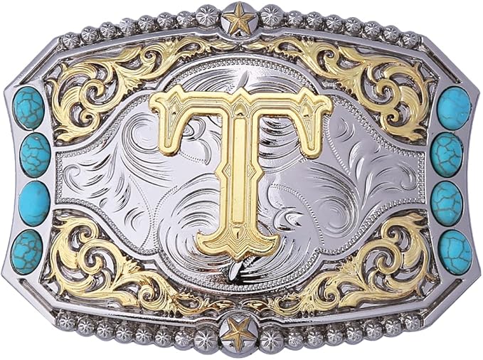 Western Initial Belt Buckle with Turquoise and Gold Silver Engraving - CowderryBelt BucklesT