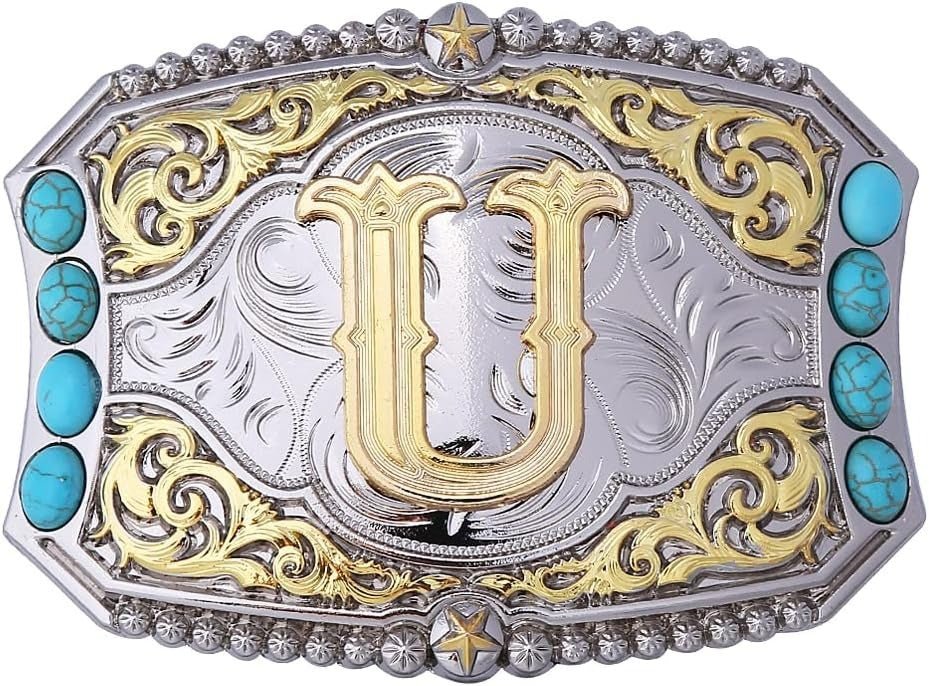 Western Initial Belt Buckle with Turquoise and Gold Silver Engraving - CowderryBelt BucklesU