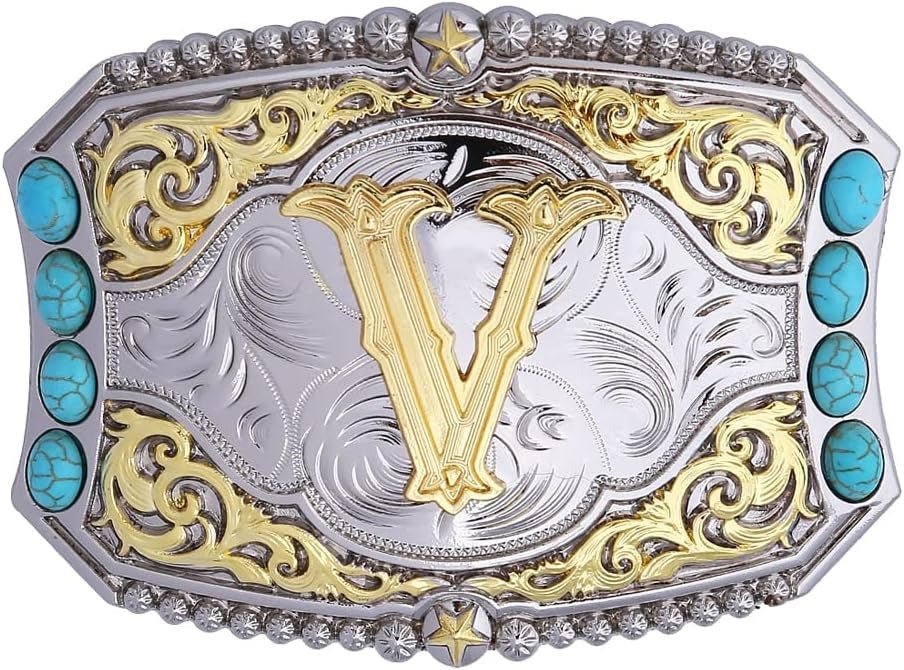Western Initial Belt Buckle with Turquoise and Gold Silver Engraving - CowderryBelt BucklesV