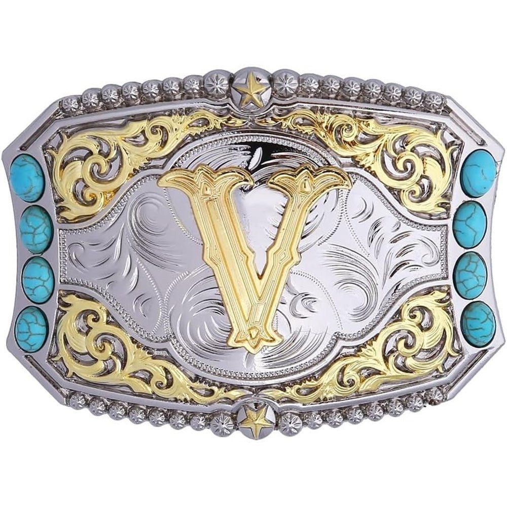 Western Initial Belt Buckle with Turquoise and Gold Silver Engraving - CowderryBelt BucklesV