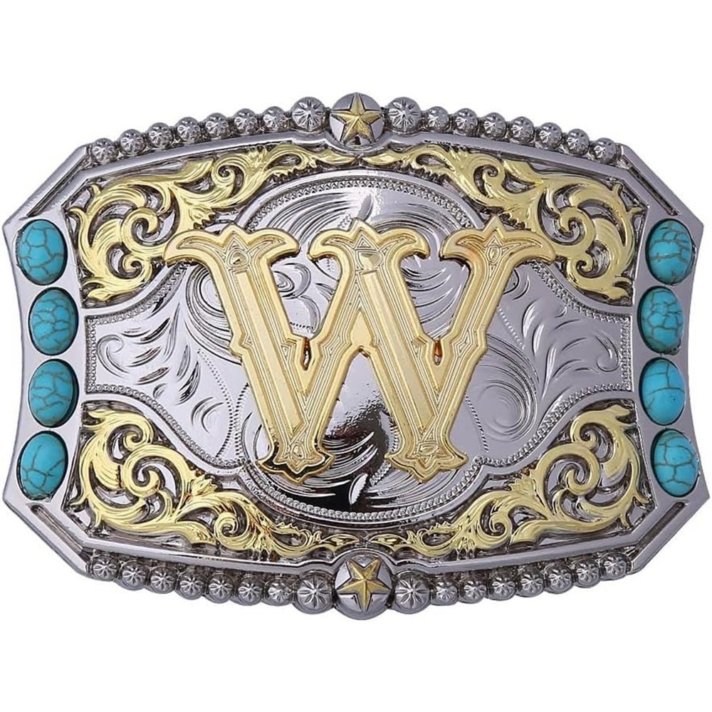 Western Initial Belt Buckle with Turquoise and Gold Silver Engraving - CowderryBelt BucklesW