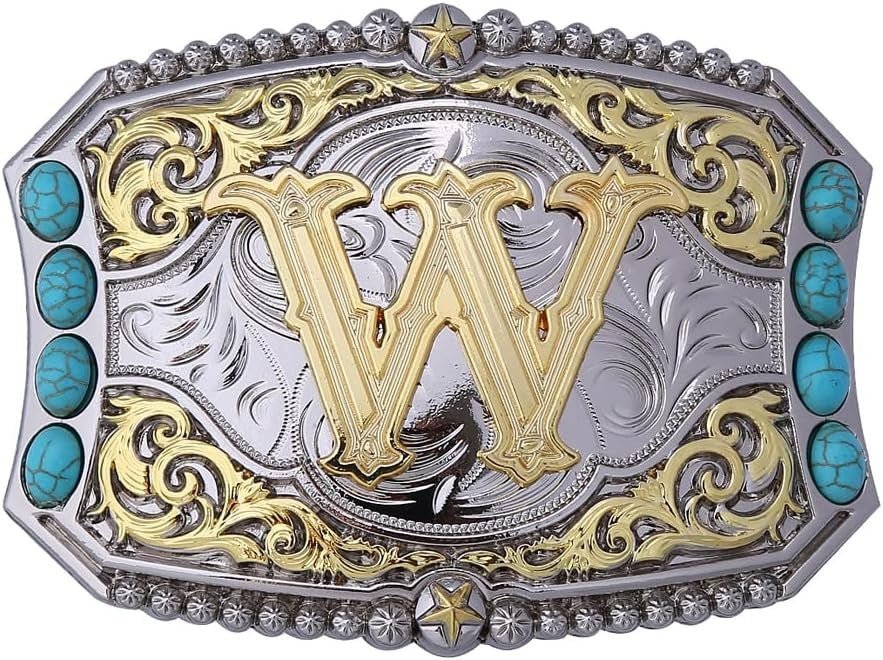 Western Initial Belt Buckle with Turquoise and Gold Silver Engraving - CowderryBelt BucklesW