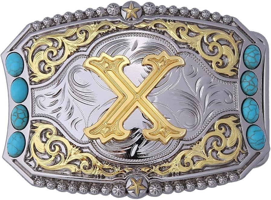 Western Initial Belt Buckle with Turquoise and Gold Silver Engraving - CowderryBelt BucklesX