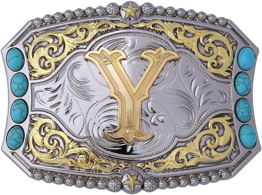 Western Initial Belt Buckle with Turquoise and Gold Silver Engraving - CowderryBelt BucklesY