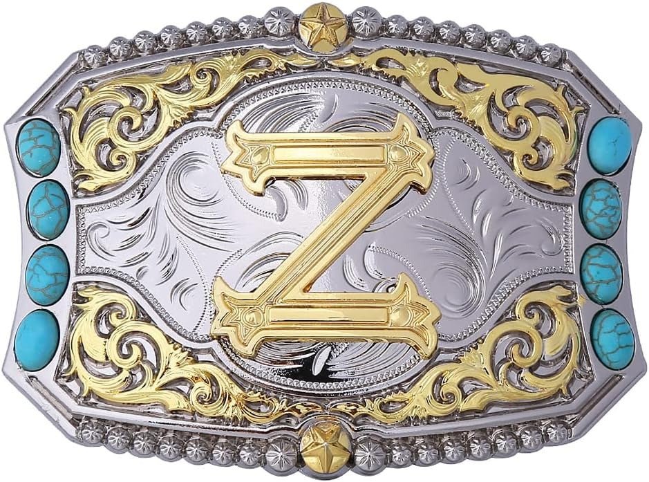 Western Initial Belt Buckle with Turquoise and Gold Silver Engraving - CowderryBelt BucklesZ