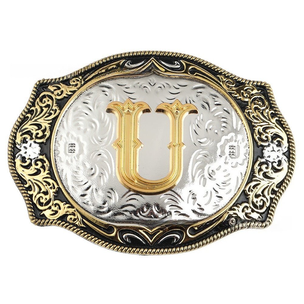 Western Initial Gold Engraved Belt Buckle - CowderryBelt BucklesO