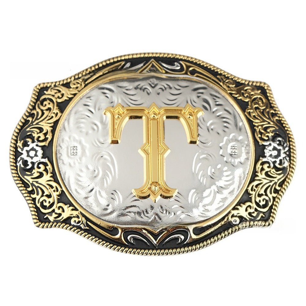 Western Initial Gold Engraved Belt Buckle - CowderryBelt BucklesO