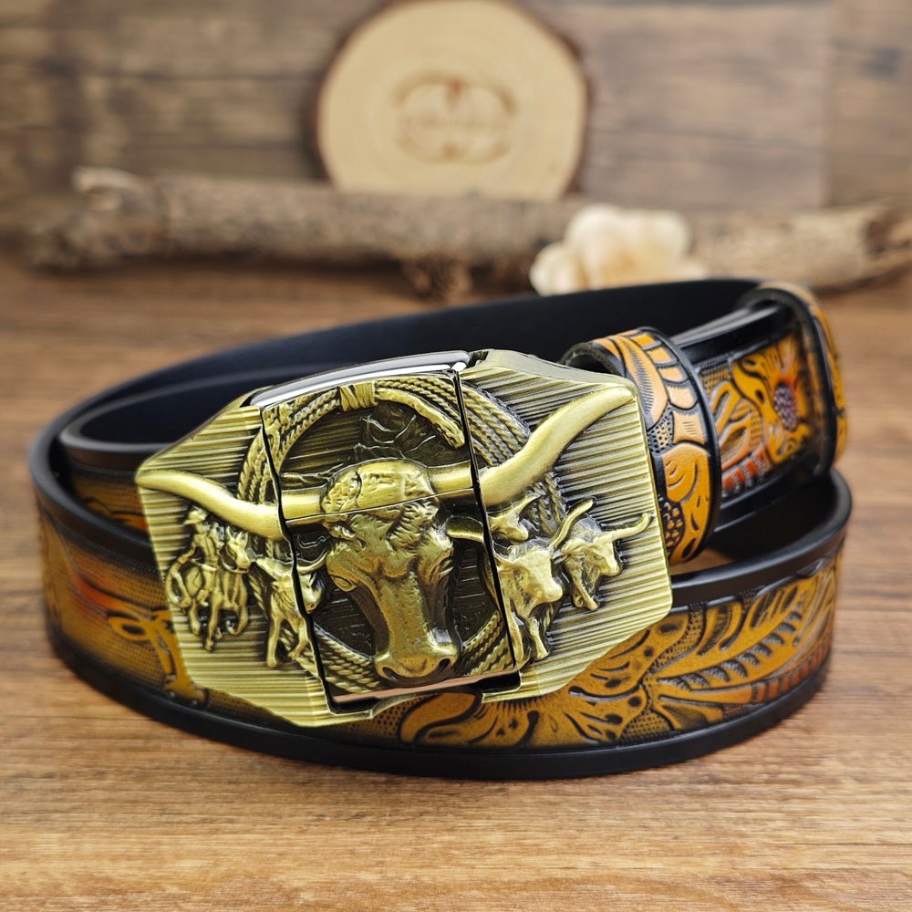 Western Longhorn Belt With Hidden Lighter - CowderryBeltsBrown