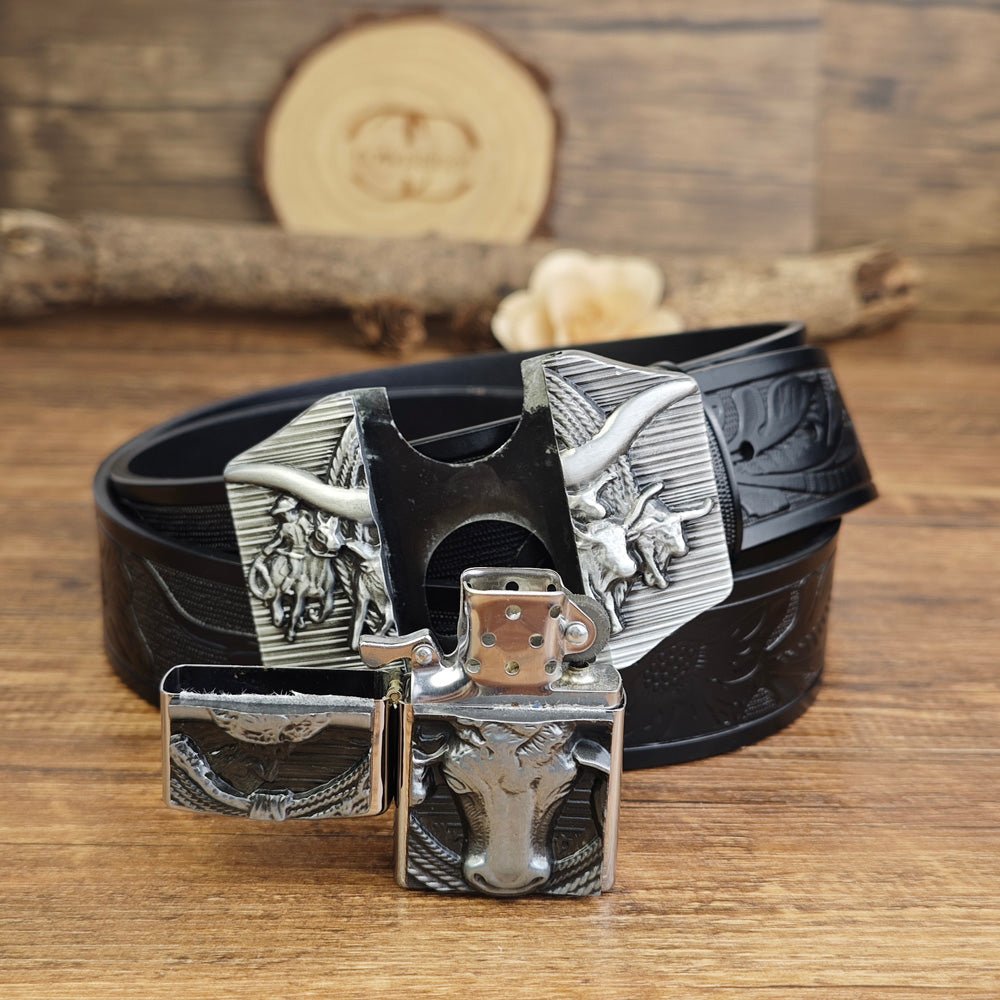 Western Longhorn Belt With Hidden Lighter - CowderryBeltsSilver