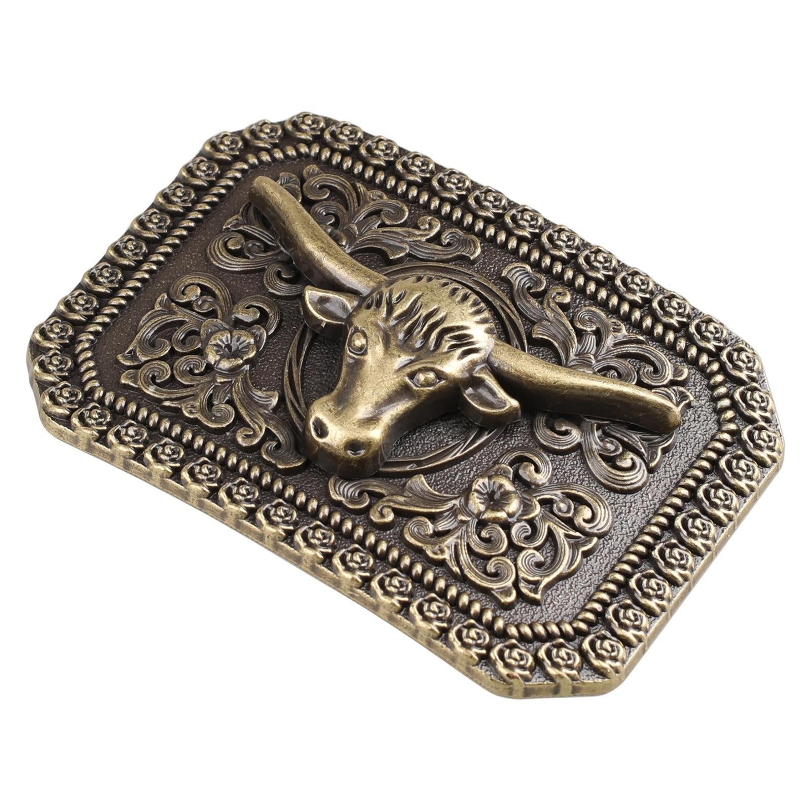 Western Longhorn Bull Belt Buckle Antique Bronze Floral Square Cowboy - Cowderry