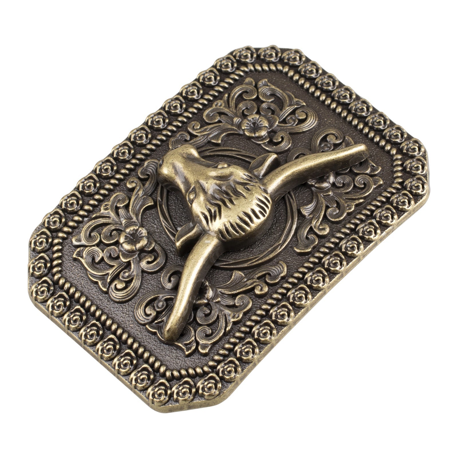 Western Longhorn Bull Belt Buckle Antique Bronze Floral Square Cowboy - Cowderry
