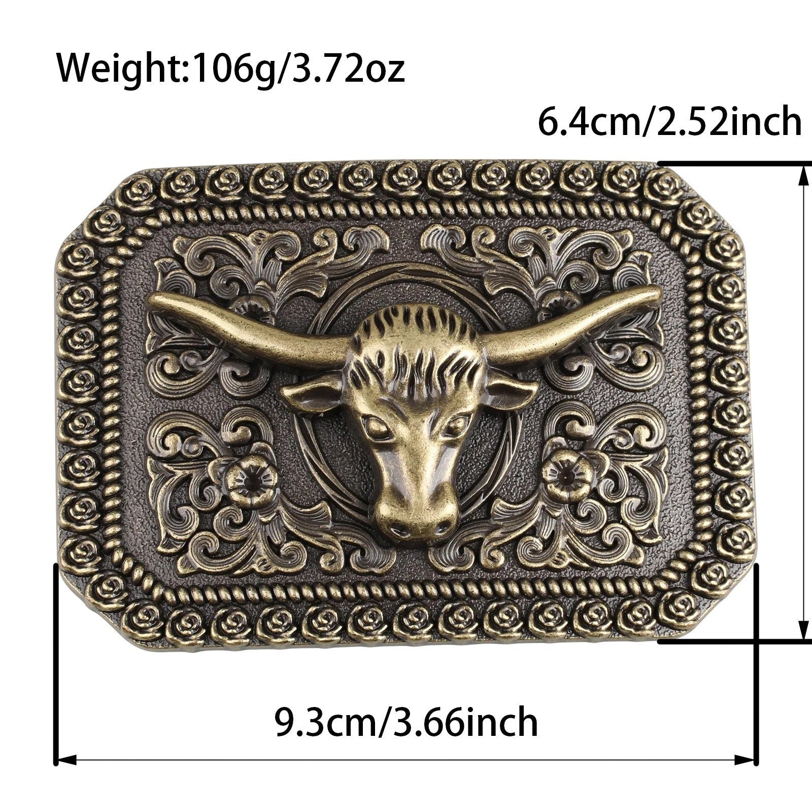 Western Longhorn Bull Belt Buckle Antique Bronze Floral Square Cowboy - Cowderry