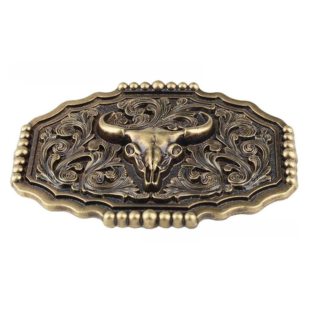 Western Longhorn Bull Skull Belt Buckle Antique Bronze Floral - CowderryBelt Buckles