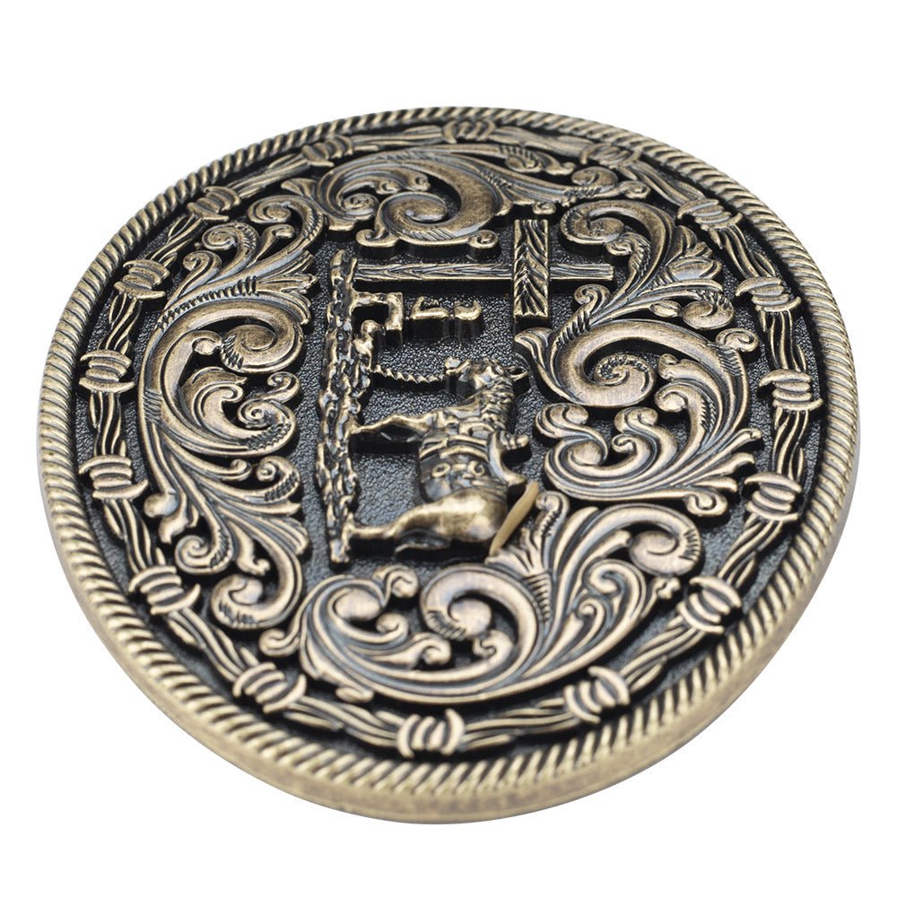 Western Oval Belt Buckle Cowboy Horse Cross Floral Scroll Rodeo - CowderryBelt BucklesAntique Gold
