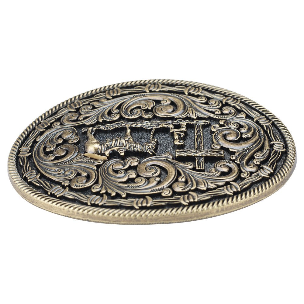 Western Oval Belt Buckle Cowboy Horse Cross Floral Scroll Rodeo - CowderryBelt BucklesAntique Gold