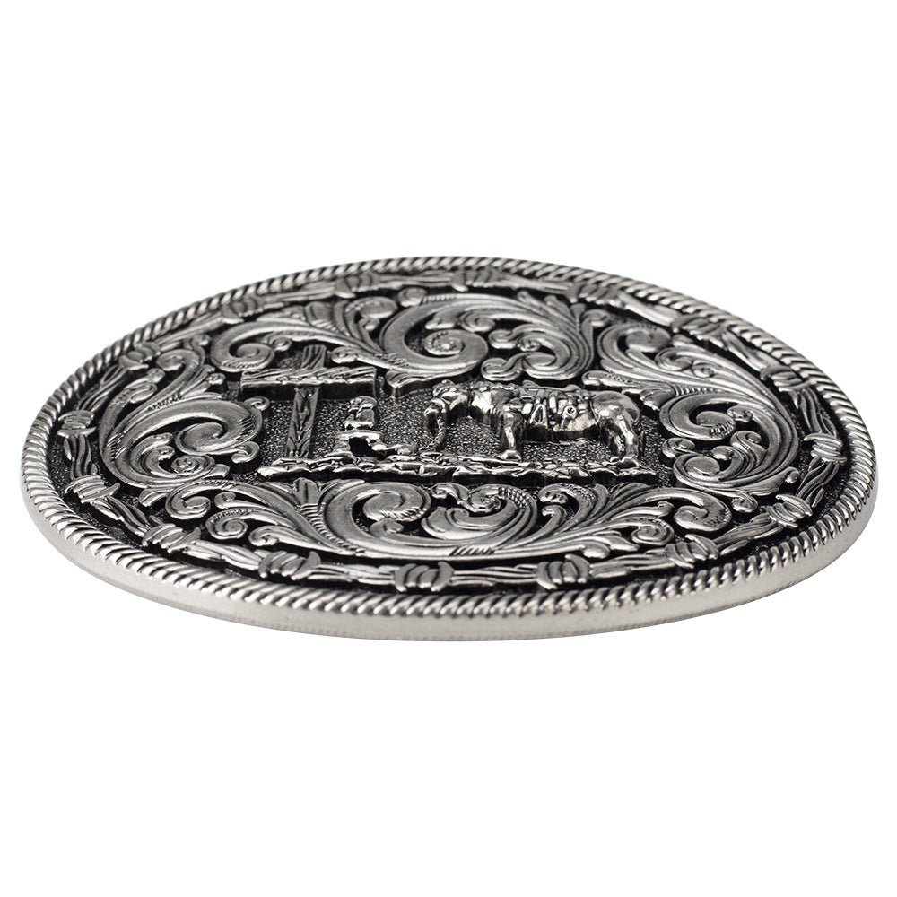 Western Oval Belt Buckle Cowboy Horse Cross Floral Scroll Rodeo - CowderryBelt BucklesAntique Silver