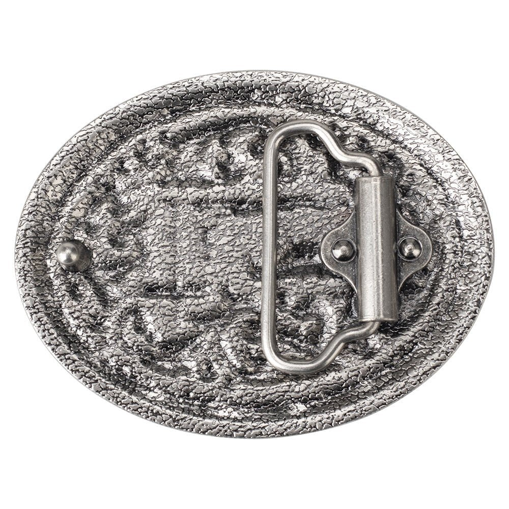 Western Oval Belt Buckle Cowboy Horse Cross Floral Scroll Rodeo - CowderryBelt BucklesAntique Silver