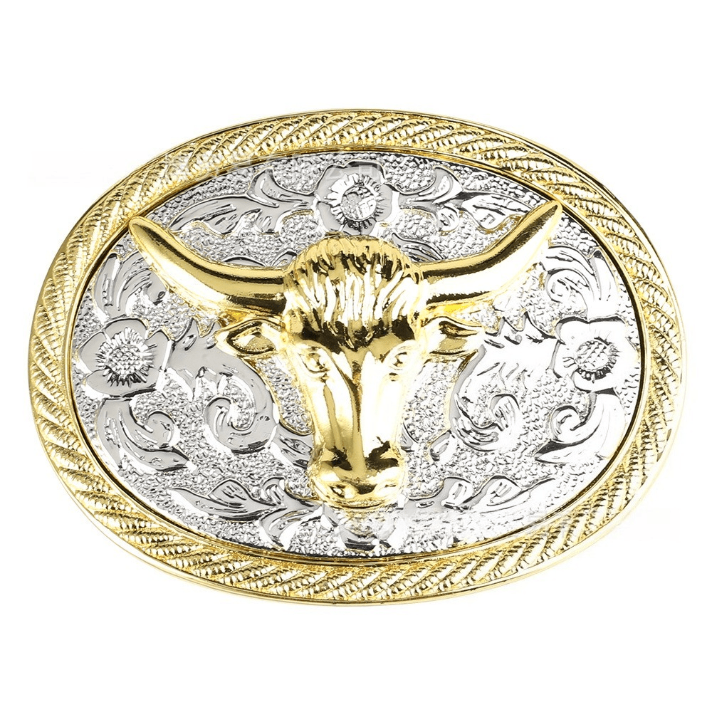 Western Retro Engraved Floral Belt Buckle with Silver and Gold Tone - CowderryBelt BucklesBull Head