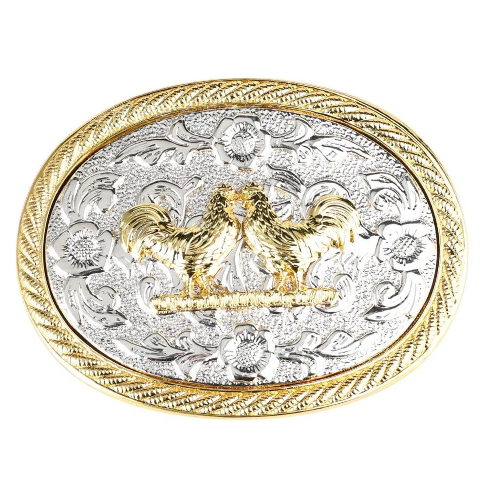 Western Retro Engraved Floral Belt Buckle with Silver and Gold Tone - CowderryBelt BucklesFighting Roosters