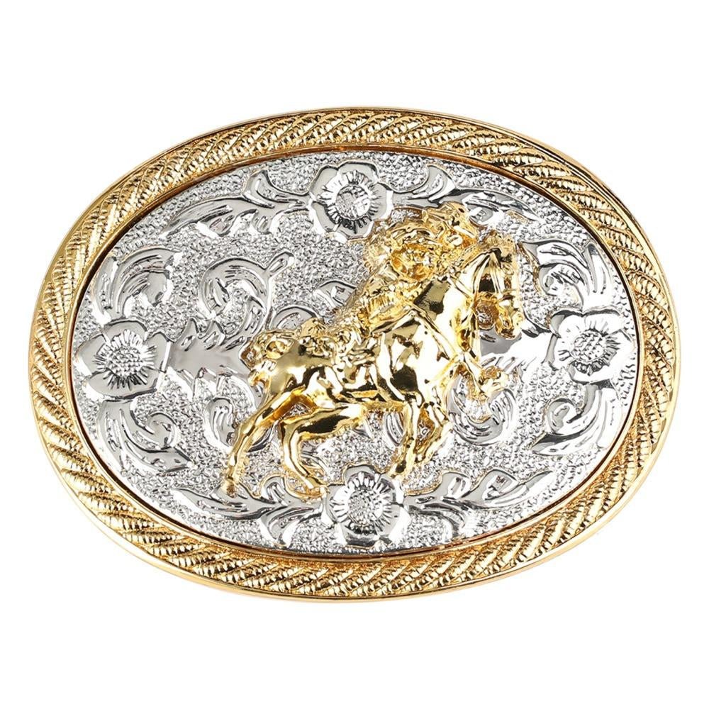 Western Retro Engraved Floral Belt Buckle with Silver and Gold Tone - CowderryBelt BucklesHorse Riding