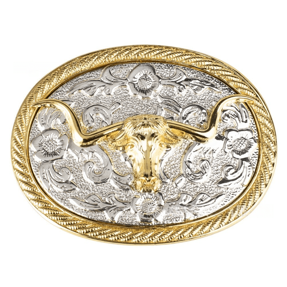 Western Retro Engraved Floral Belt Buckle with Silver and Gold Tone - CowderryBelt BucklesLonghorn