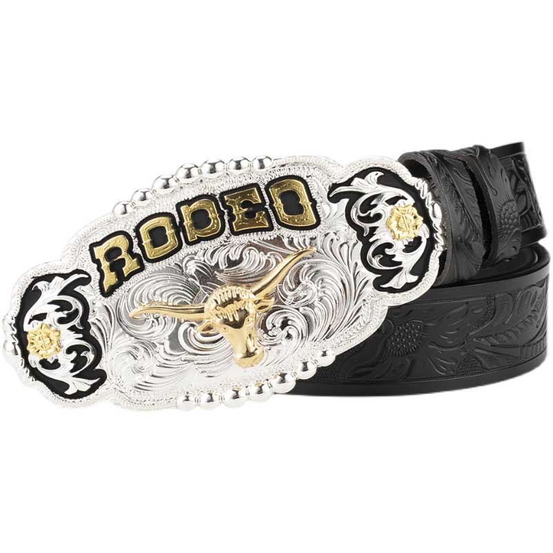 Big Gold Rodeo Belt Buckle With Cowboy Belt - CowderryBeltLonghorn