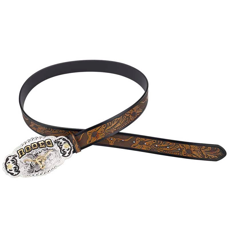Big Gold Rodeo Belt Buckle With Cowboy Belt - CowderryBeltLonghorn