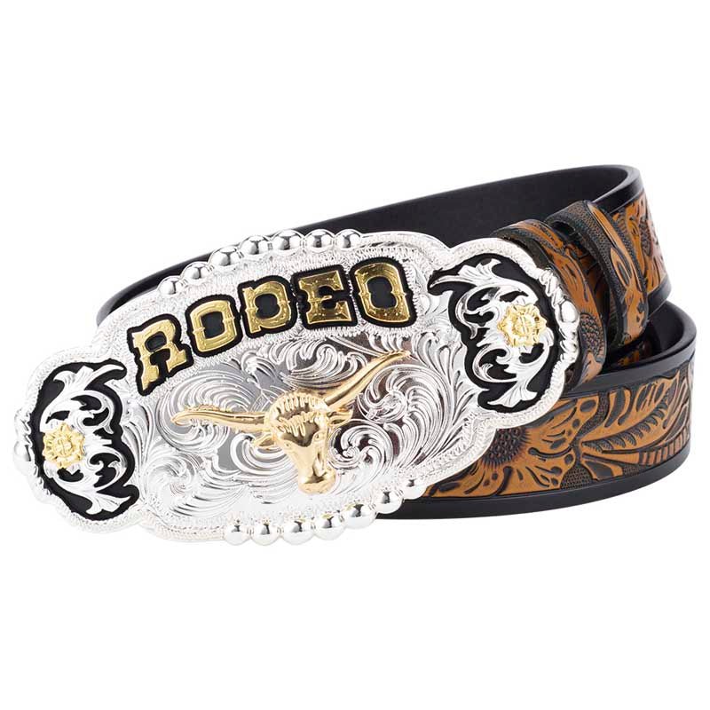 Big Gold Rodeo Belt Buckle with Cowboy Belt Longhorn / Brown / 40-42 (Fit Waist 38-40 in)