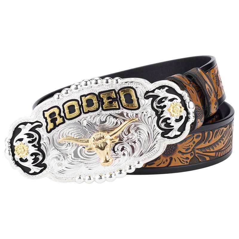 Big Gold Rodeo Belt Buckle With Cowboy Belt - CowderryBeltLonghorn