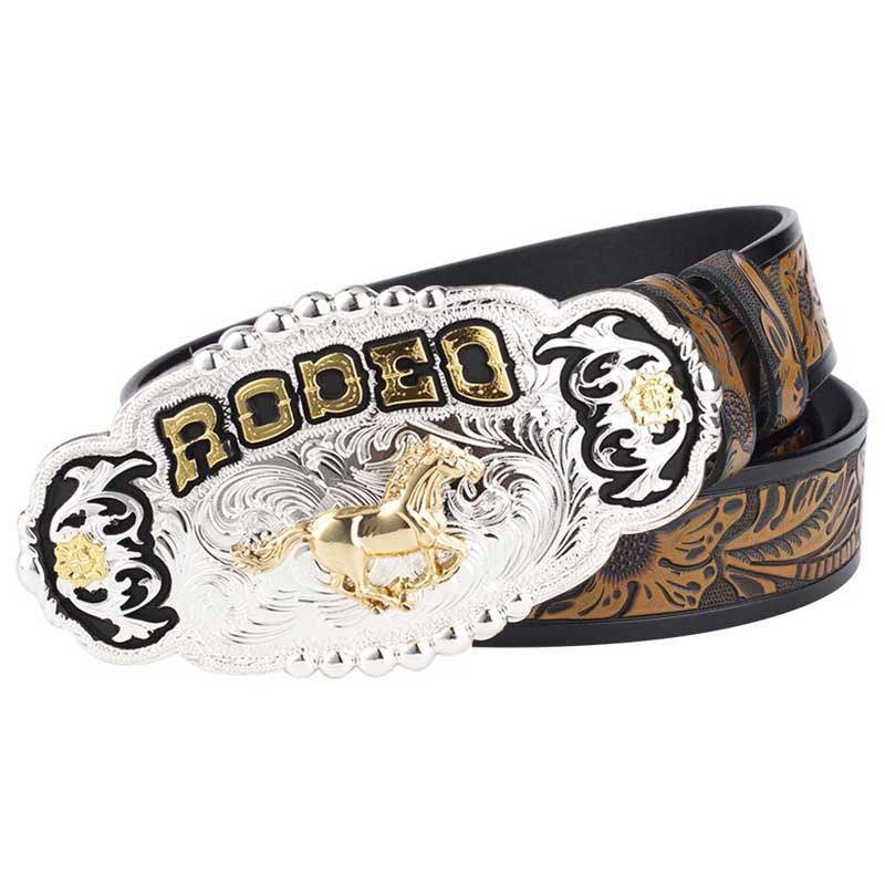 Big Gold Rodeo Belt Buckle With Cowboy Belt - CowderryBeltLonghorn