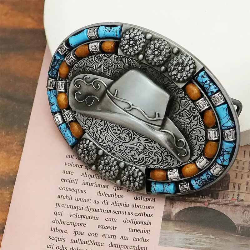 Cowboys Hat Turquoise Decor Western Belt Buckle - CowderryBelt BucklePewter