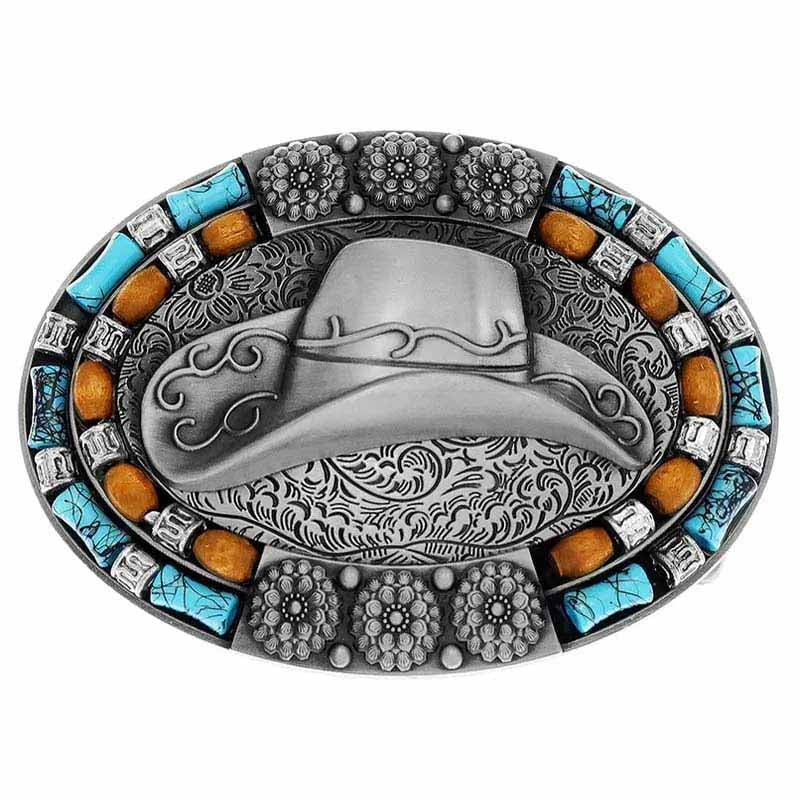 Cowboys Hat Turquoise Decor Western Belt Buckle - CowderryBelt BucklePewter