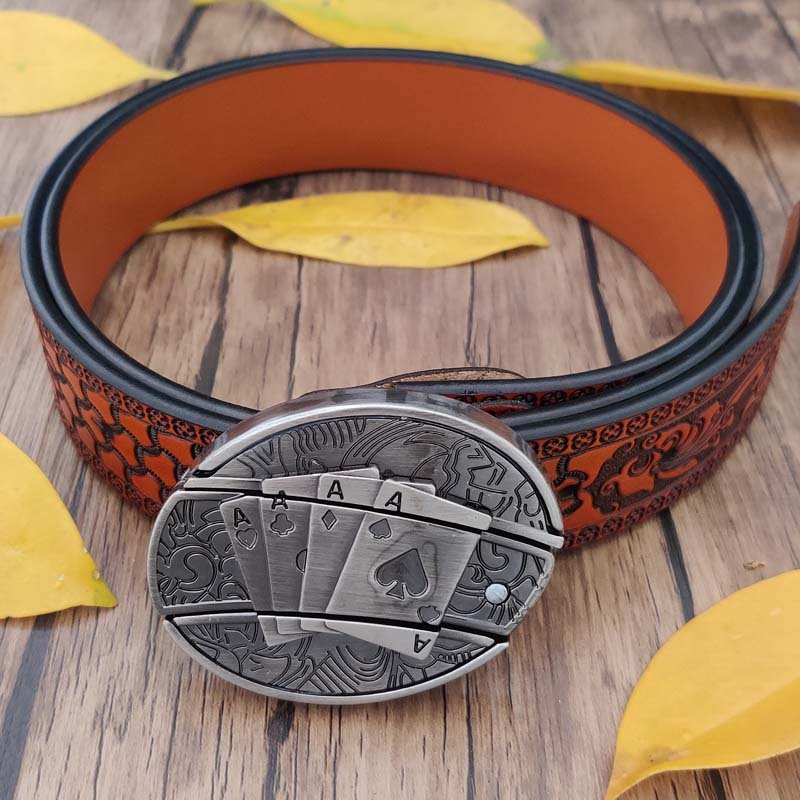 Embossed Country Utility Belt with Cool Oval Belt Buckle - Cowderry4 Aces