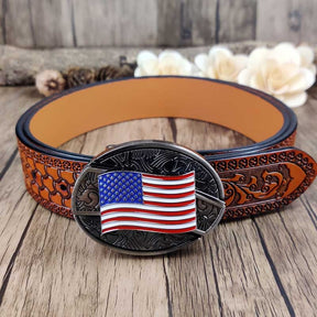 Embossed Country Utility Belt with Cool Oval Belt Buckle - CowderryAmerican flag