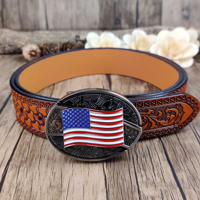 Embossed Country Utility Belt with Cool Oval Belt Buckle - CowderryAmerican flag