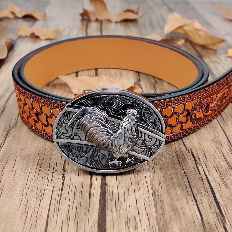 Embossed Country Utility Belt with Cool Oval Belt Buckle - CowderryChicken