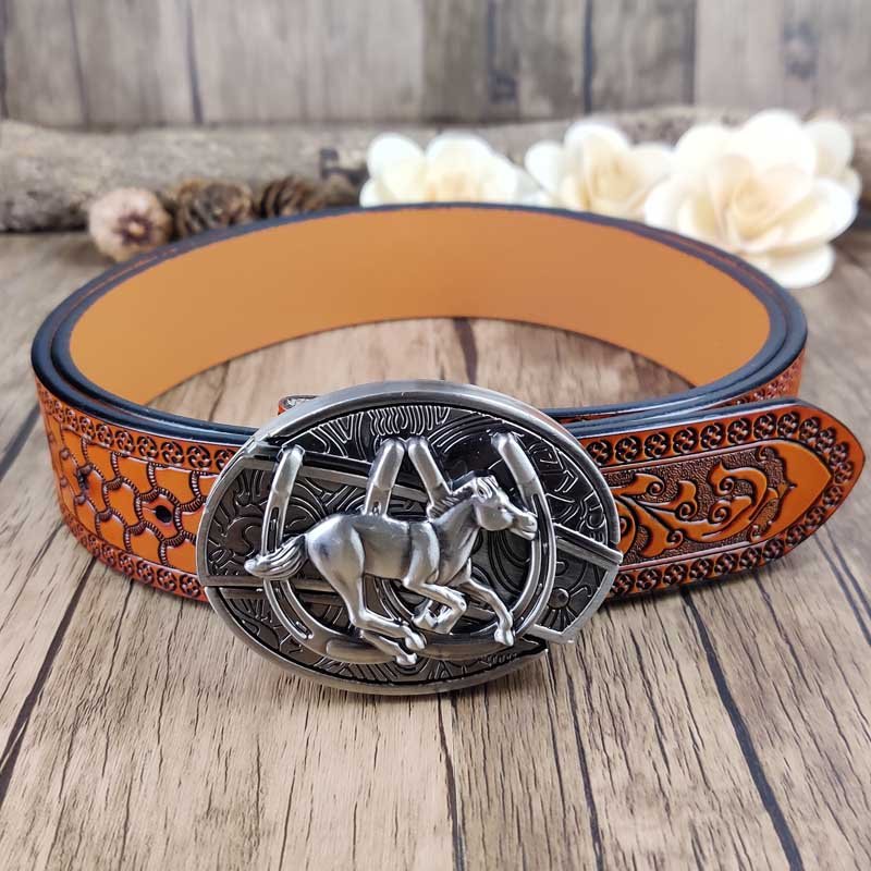 Embossed Country Utility Belt with Cool Oval Belt Buckle - CowderryHorse