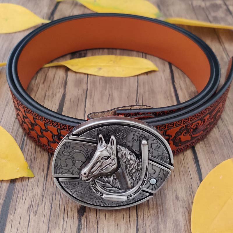 Embossed Country Utility Belt with Cool Oval Belt Buckle - CowderryHorsehead