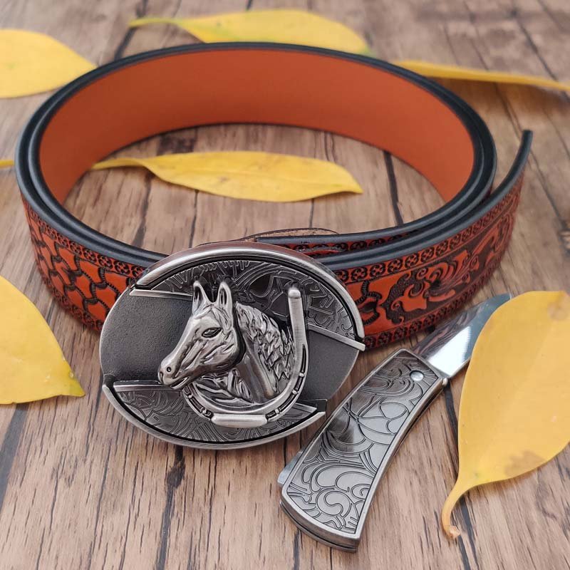 Embossed Country Utility Belt with Cool Oval Belt Buckle - CowderryHorsehead