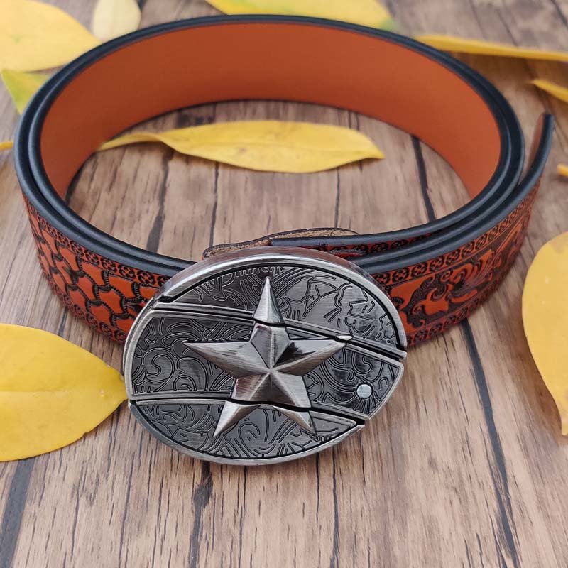 Embossed Country Utility Belt with Cool Oval Belt Buckle - CowderryLone Star