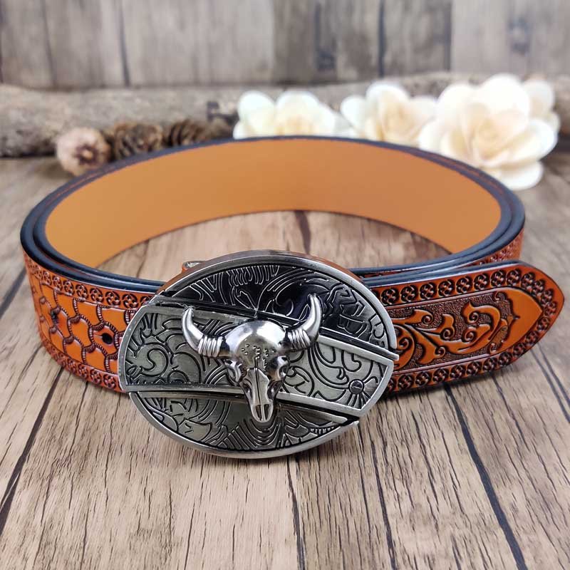 Embossed Country Utility Belt with Cool Oval Belt Buckle - CowderryLonghorn