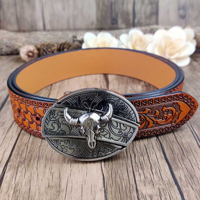 Embossed Country Utility Belt with Cool Oval Belt Buckle - CowderryLonghorn