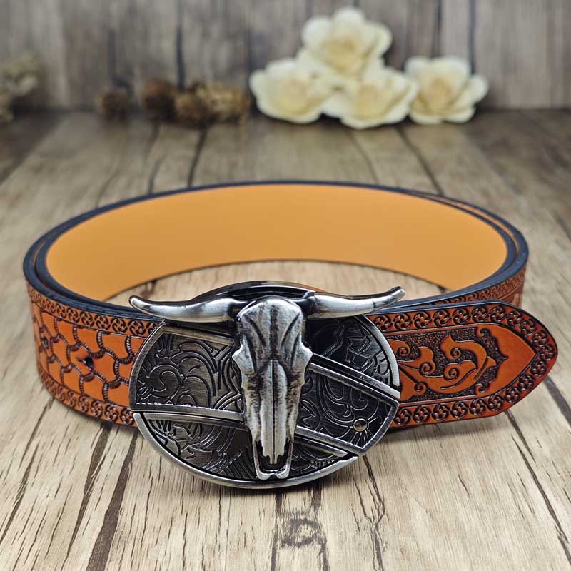 Embossed Country Utility Belt with Cool Oval Belt Buckle - CowderryLonghorn