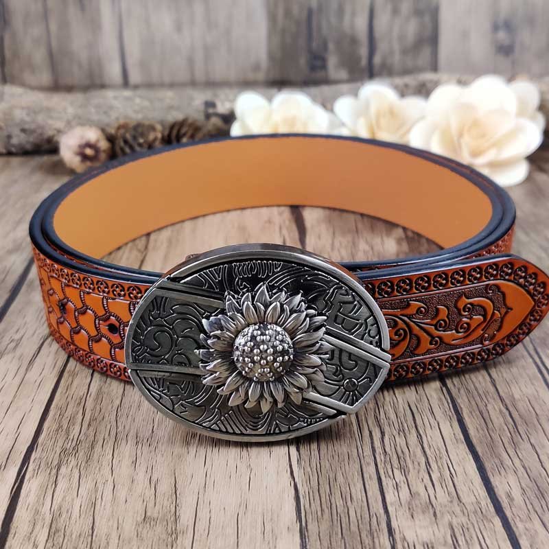 Embossed Country Utility Belt with Cool Oval Belt Buckle - CowderrySunflower