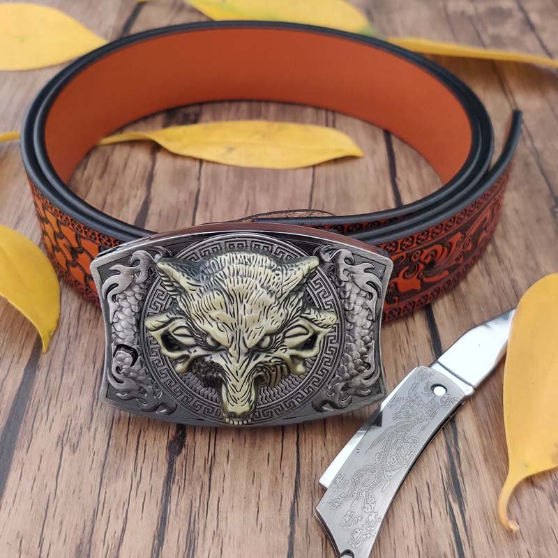 Embossed Country Utility Belt with Cool Squar Belt Buckle - CowderryBeltsWolf